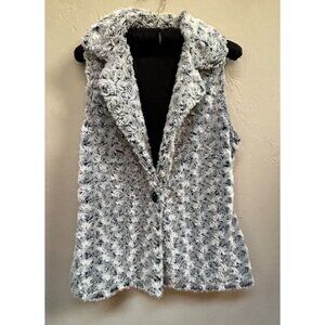 Vine Street Womens Medium Faux Fur Sweater Vest Ivory Black Rosebud Lightweight